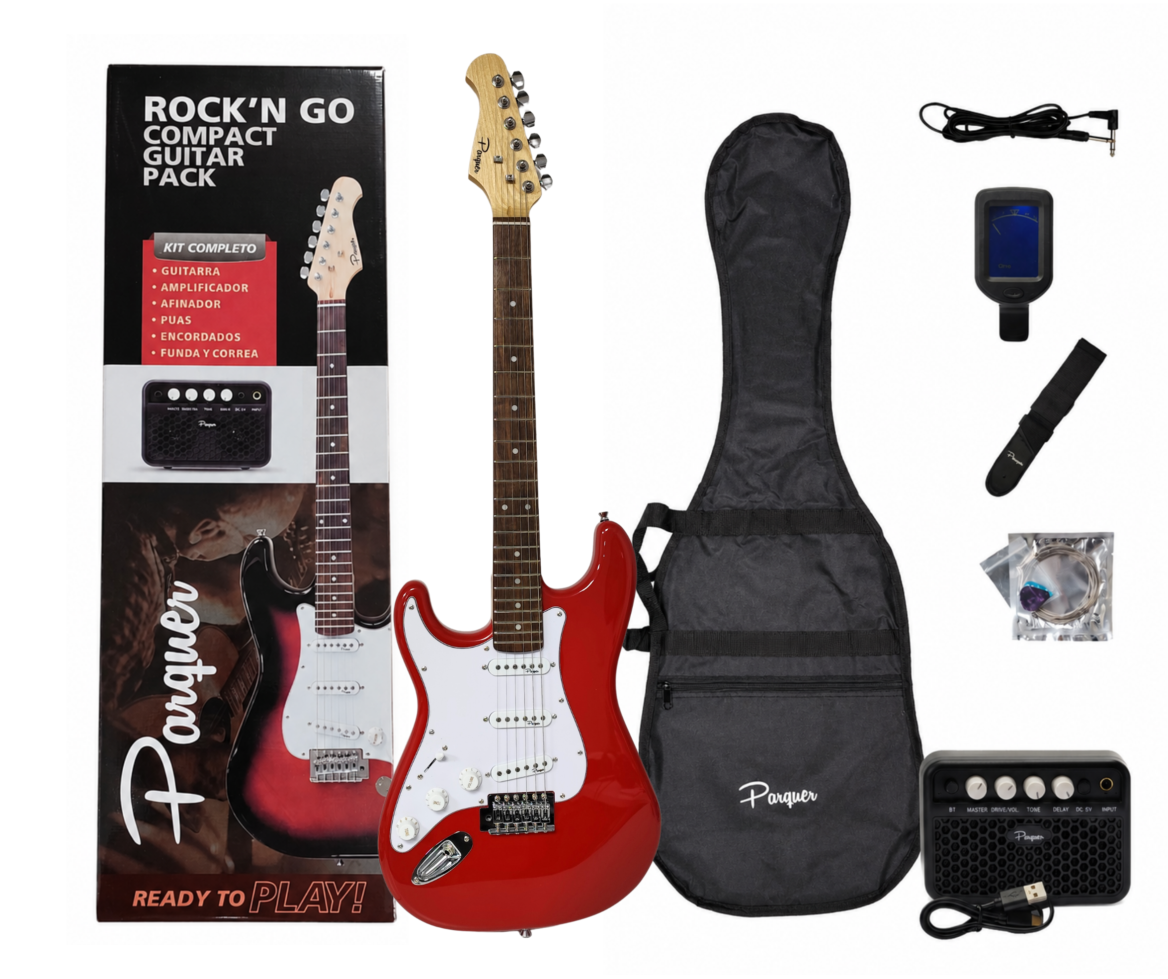 Combo Guitarra Electrica Parquer Rojo Stratocaster Para Zurdos