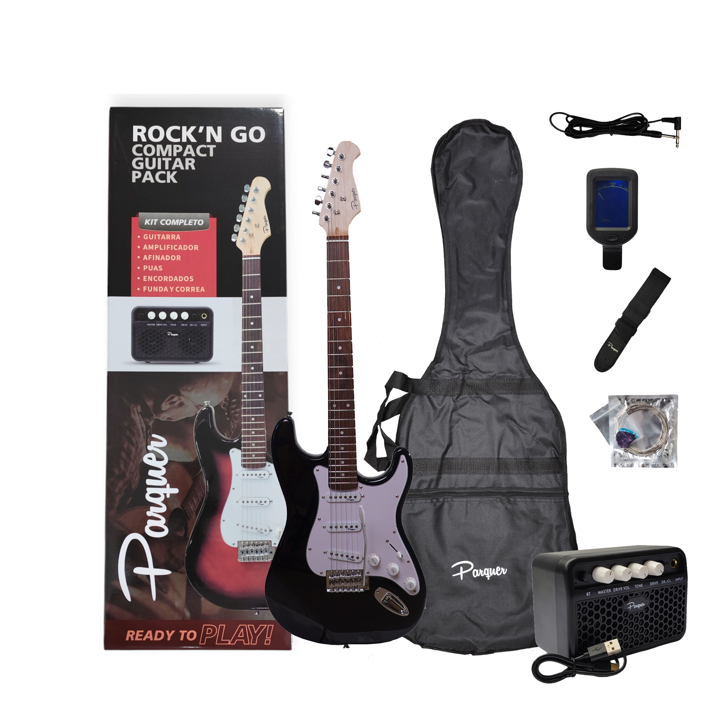 Combo Guitarra Electrica Strato Negro Parquer Amplificador 5w