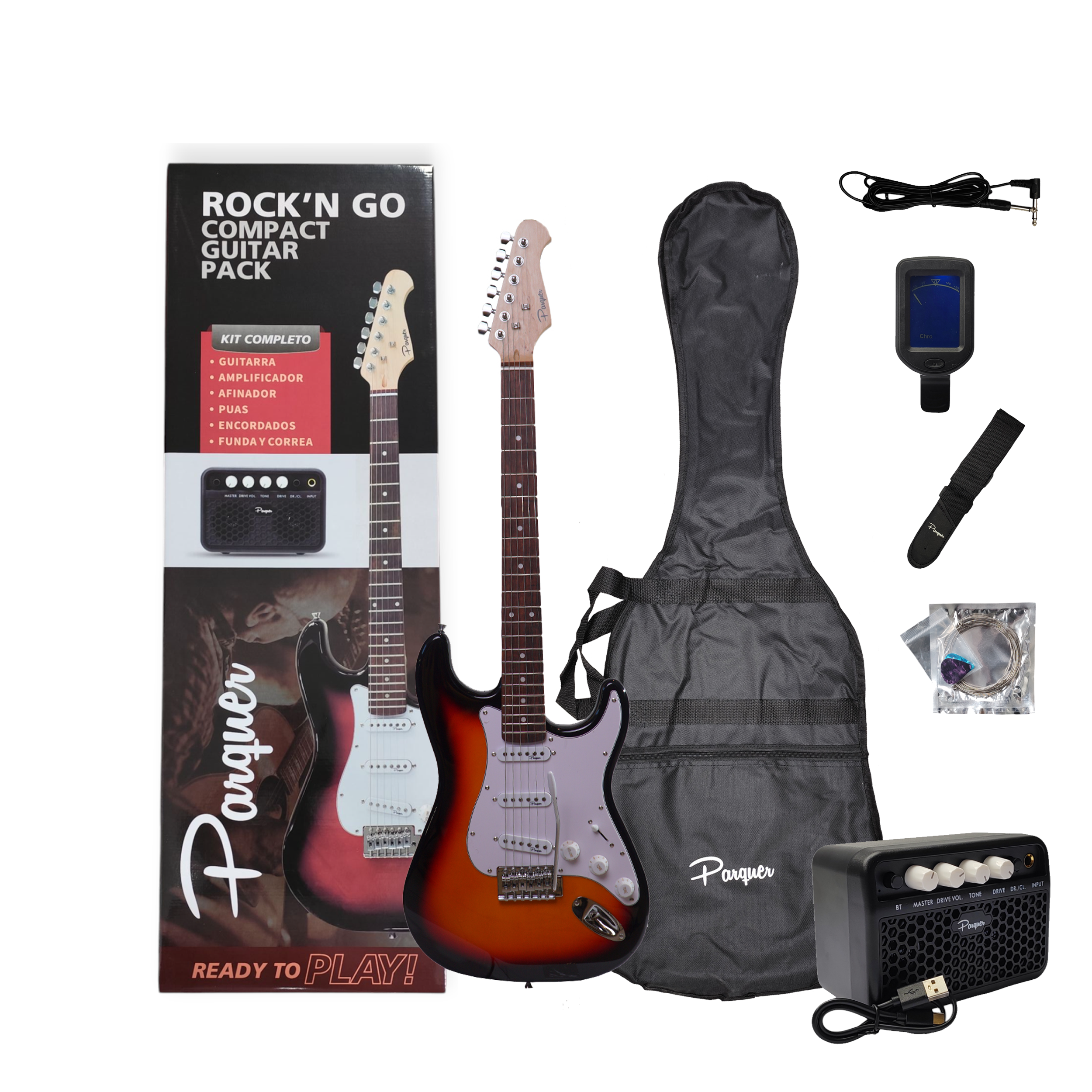 Combo Guitarra Electrica Strato Sunburst Parquer Amplificador 5w