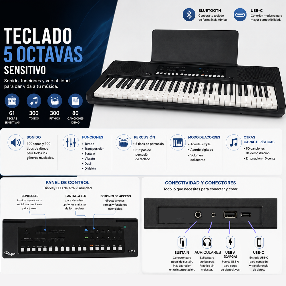Teclado Sensitivo 61 Teclas Parquer 5/8 K196 - Imagen 2