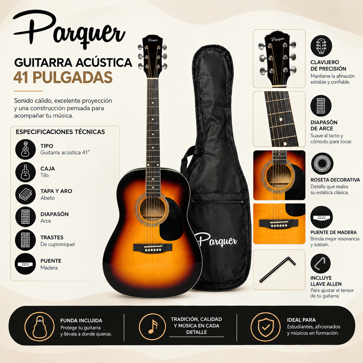 Guitarra Acustica de 41 Pulgadas Parquer Sunburst con Funda - Imagen 5