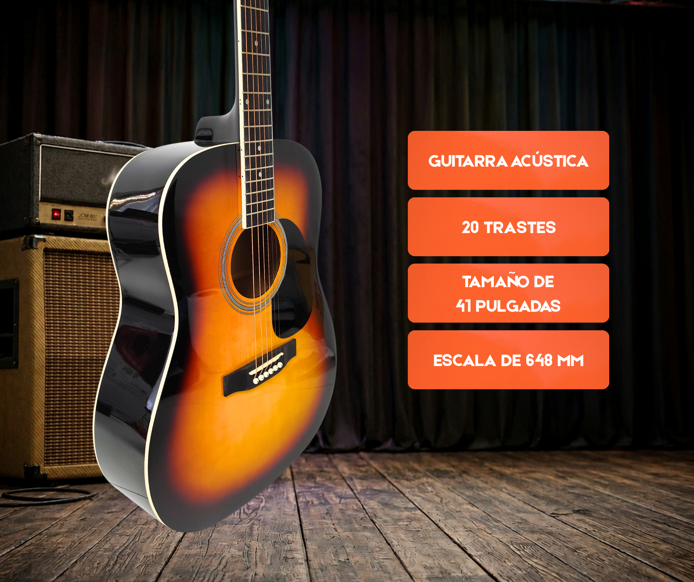 Guitarra Acustica de 41 Pulgadas Parquer Sunburst con Funda - Imagen 3