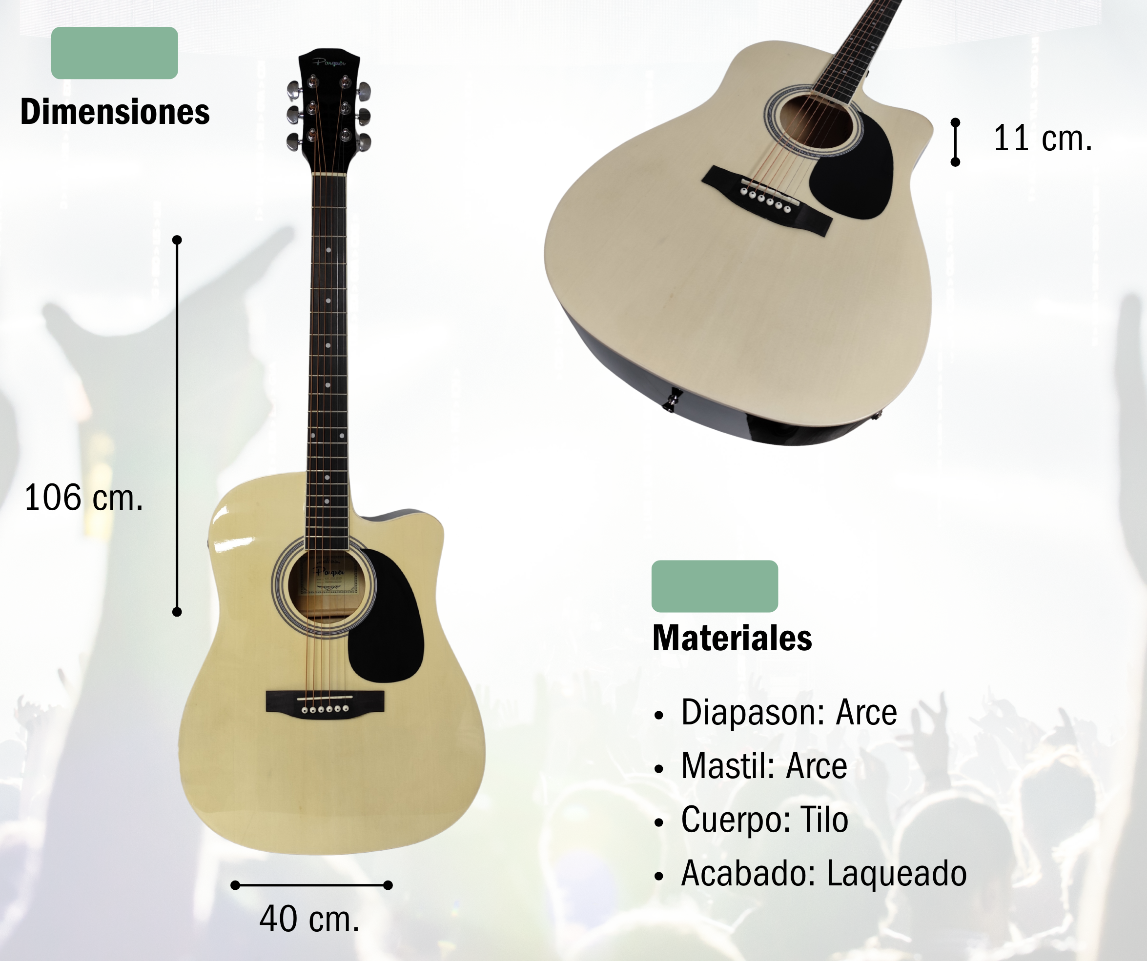 Guitarra Electroacustica Parquer Con Corte Eq3 Natural - Imagen 2