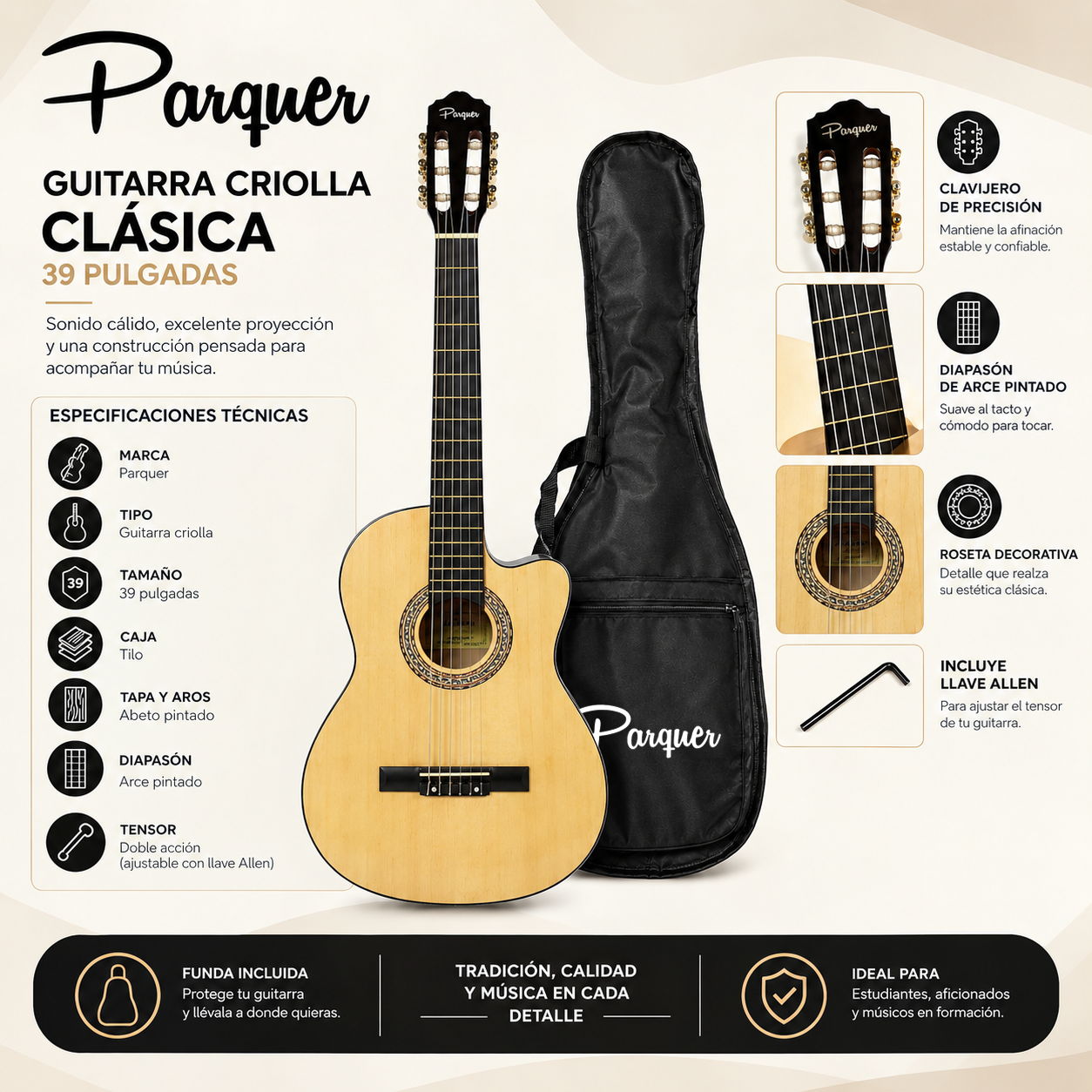 Guitarra Clasica Criolla con Corte Parquer 39" con Funda - Imagen 5