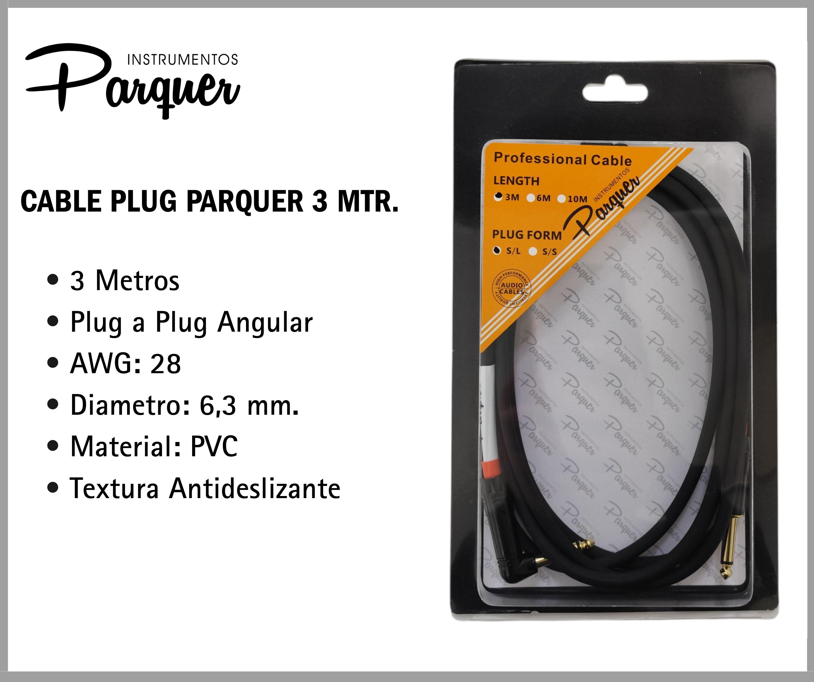 Cable Plug Parquer Instrumento 6.35mm Mono Angular 3 Metros - Imagen 2