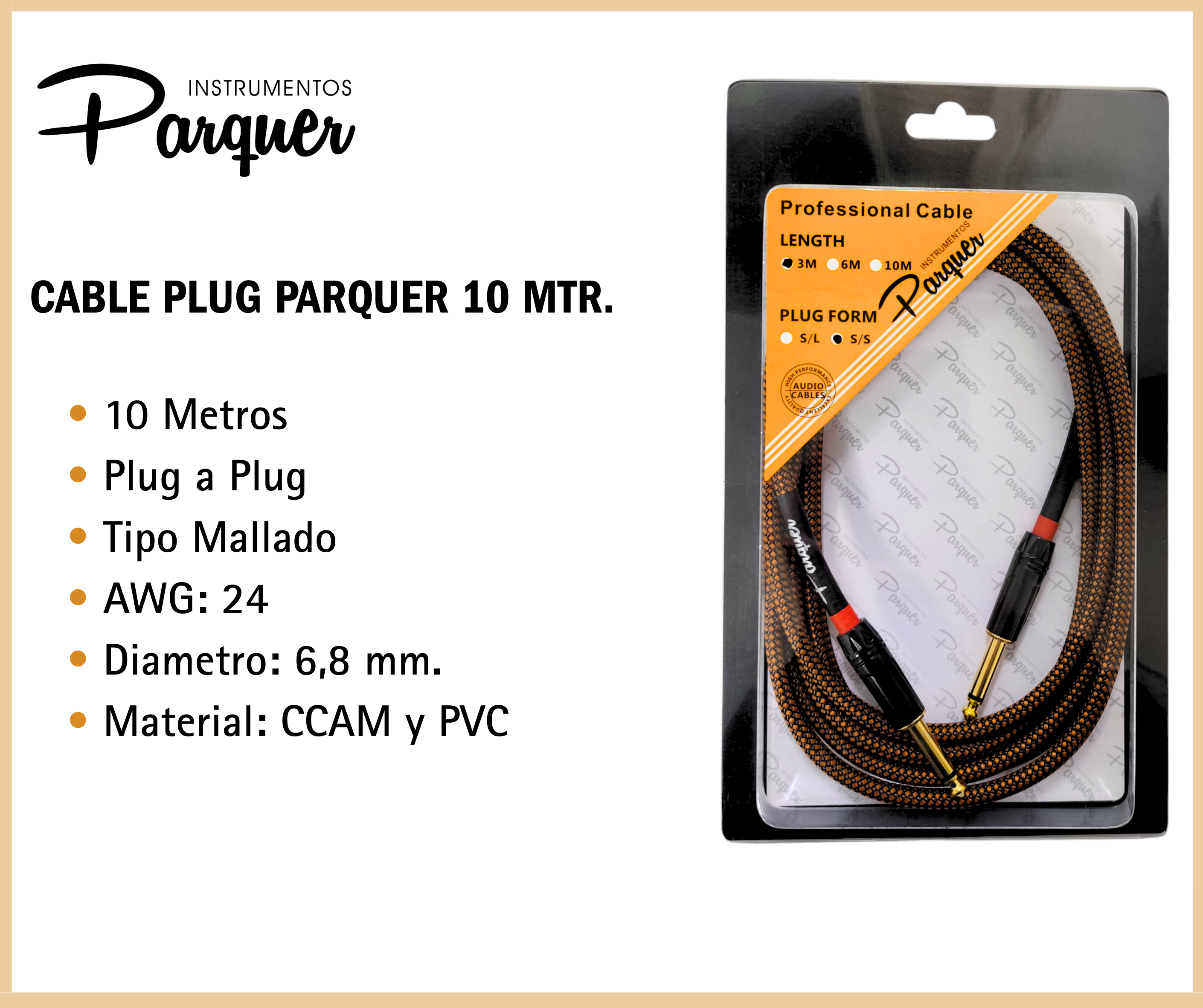 Cable Mallado Plug A Plug Parquer Instrumento 10 Mtr Cobre - Imagen 2