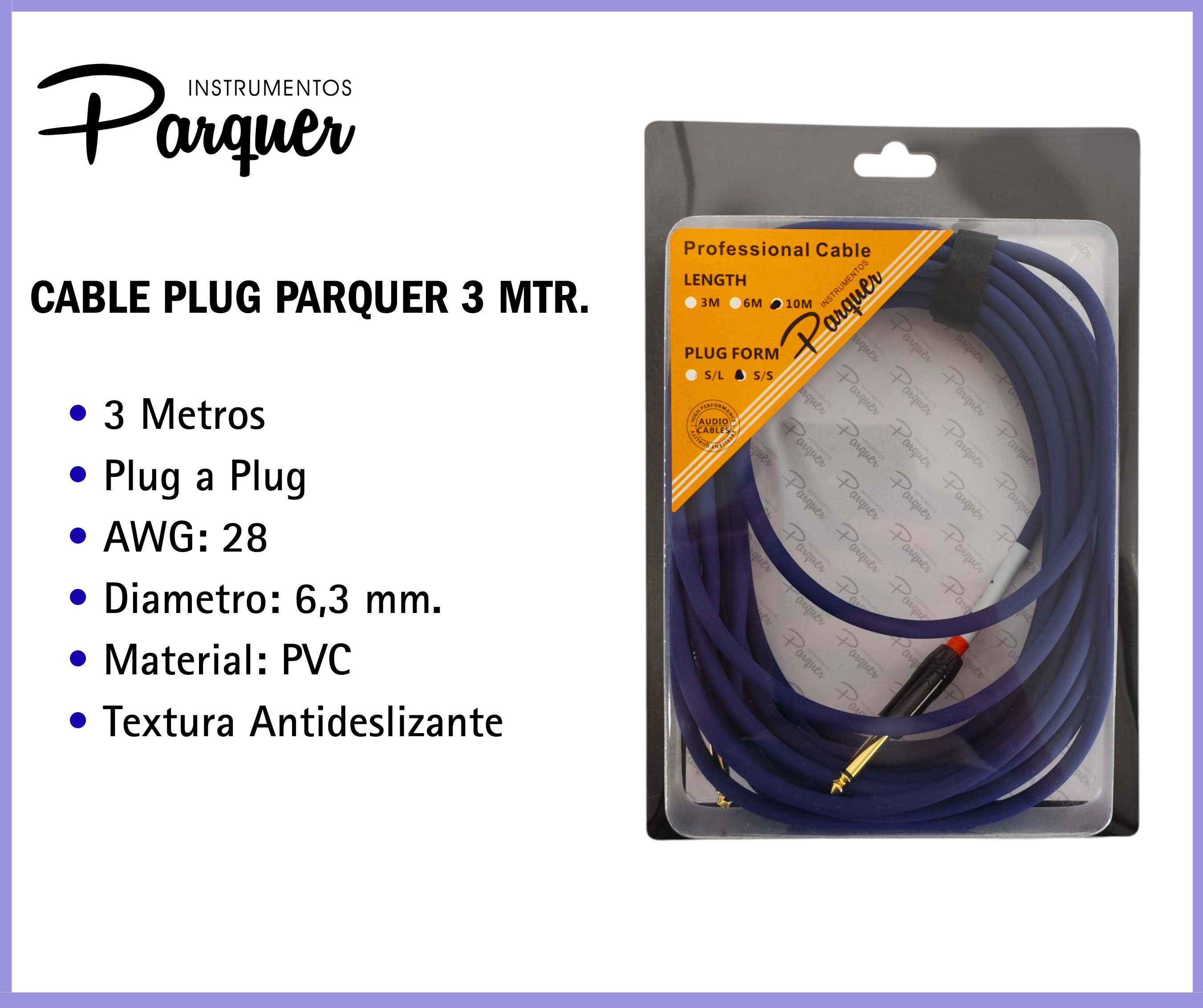 Cable Plug 6.35mm Mono A Plug 6.35mm Mono 3 Metros Azul - Imagen 2