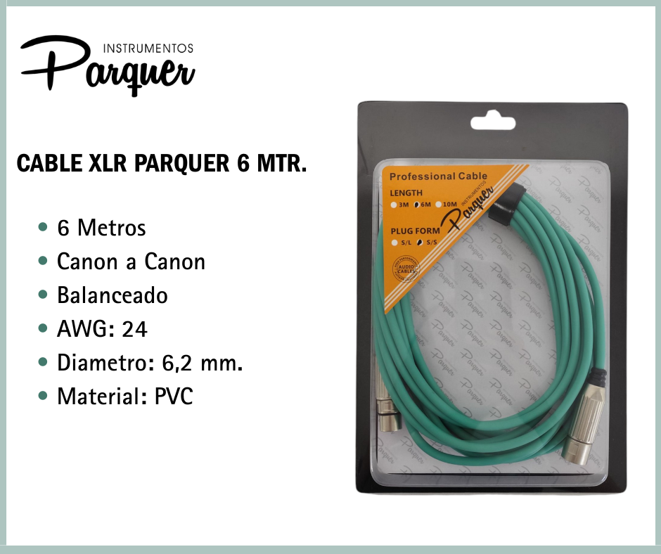 Cable Xlr Balanceado Parquer 6 Metros Verde Macho A Hembra - Imagen 2