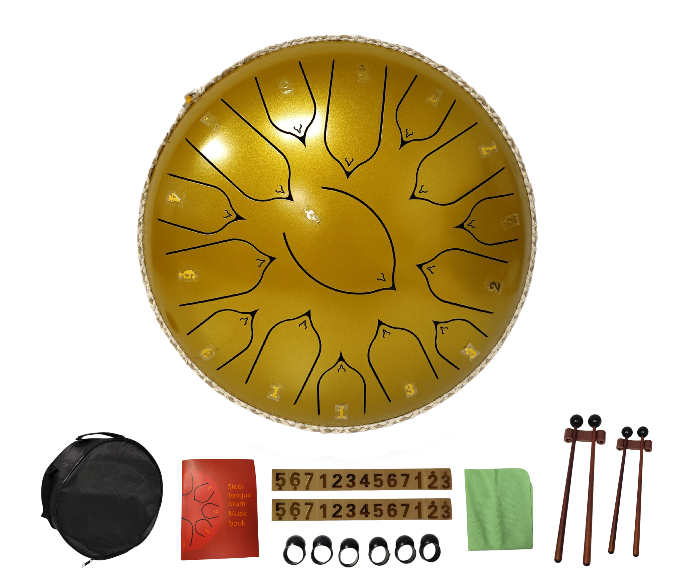 Steel Tongue Drum 13 Pulgadas 15 Tonos Dorado con Funda