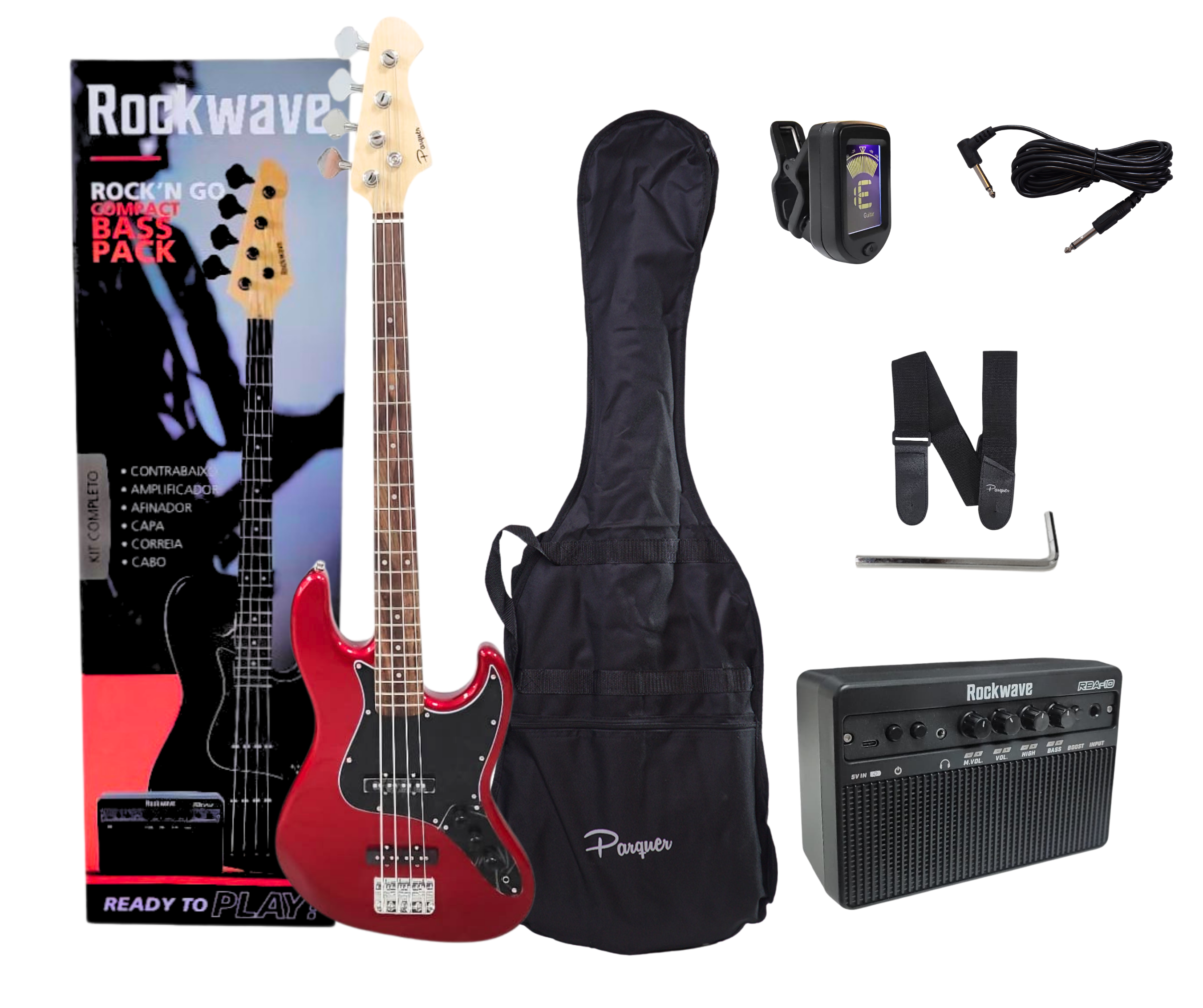 Combo Bajo Electrico Con Amplificador 10w Bluetooth Y Accesorios Color Rojo