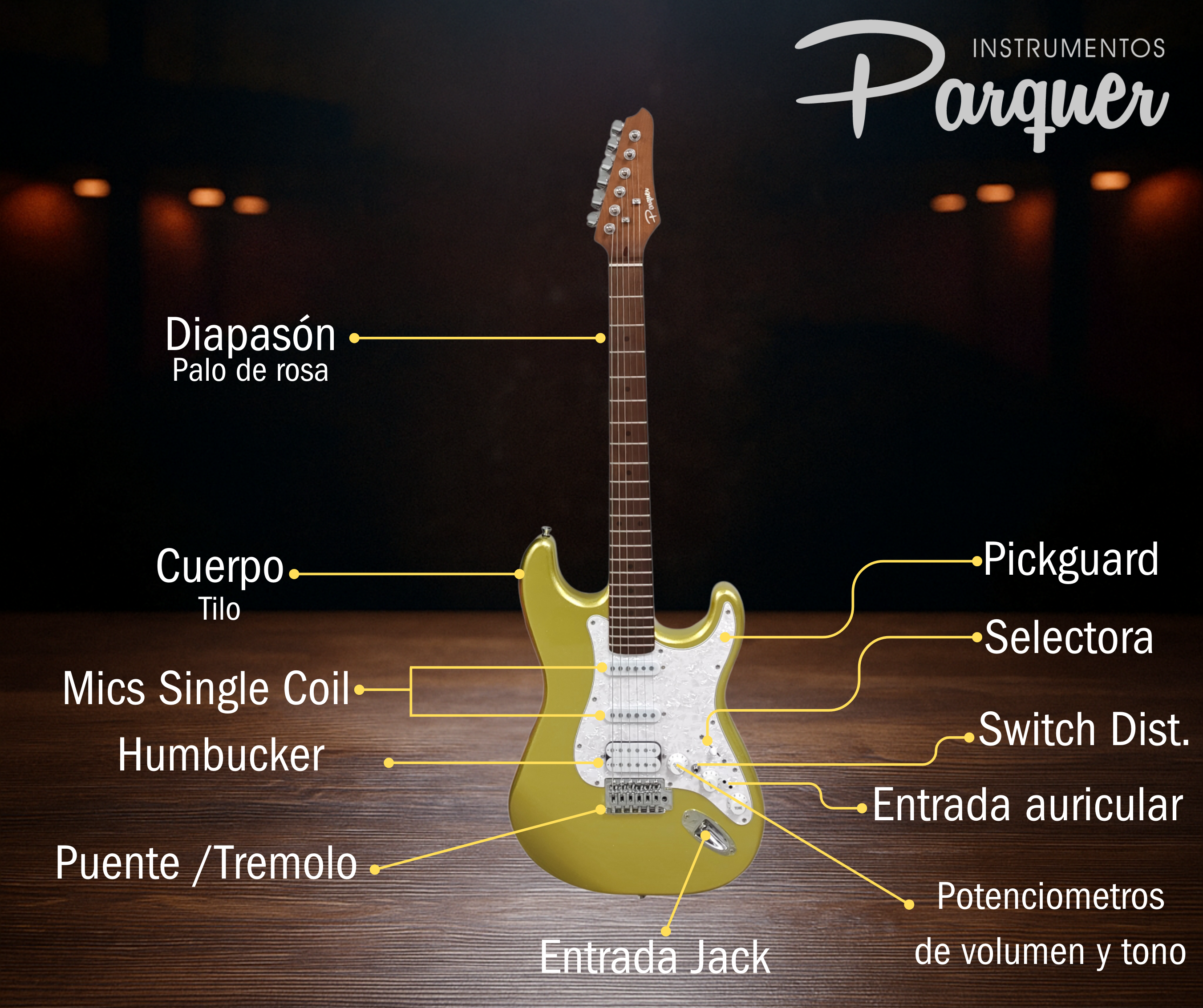 Guitarra Electrica Parquer Stratocaster Dorada Activo Con Fx Incluidos + Accesorios - Imagen 2