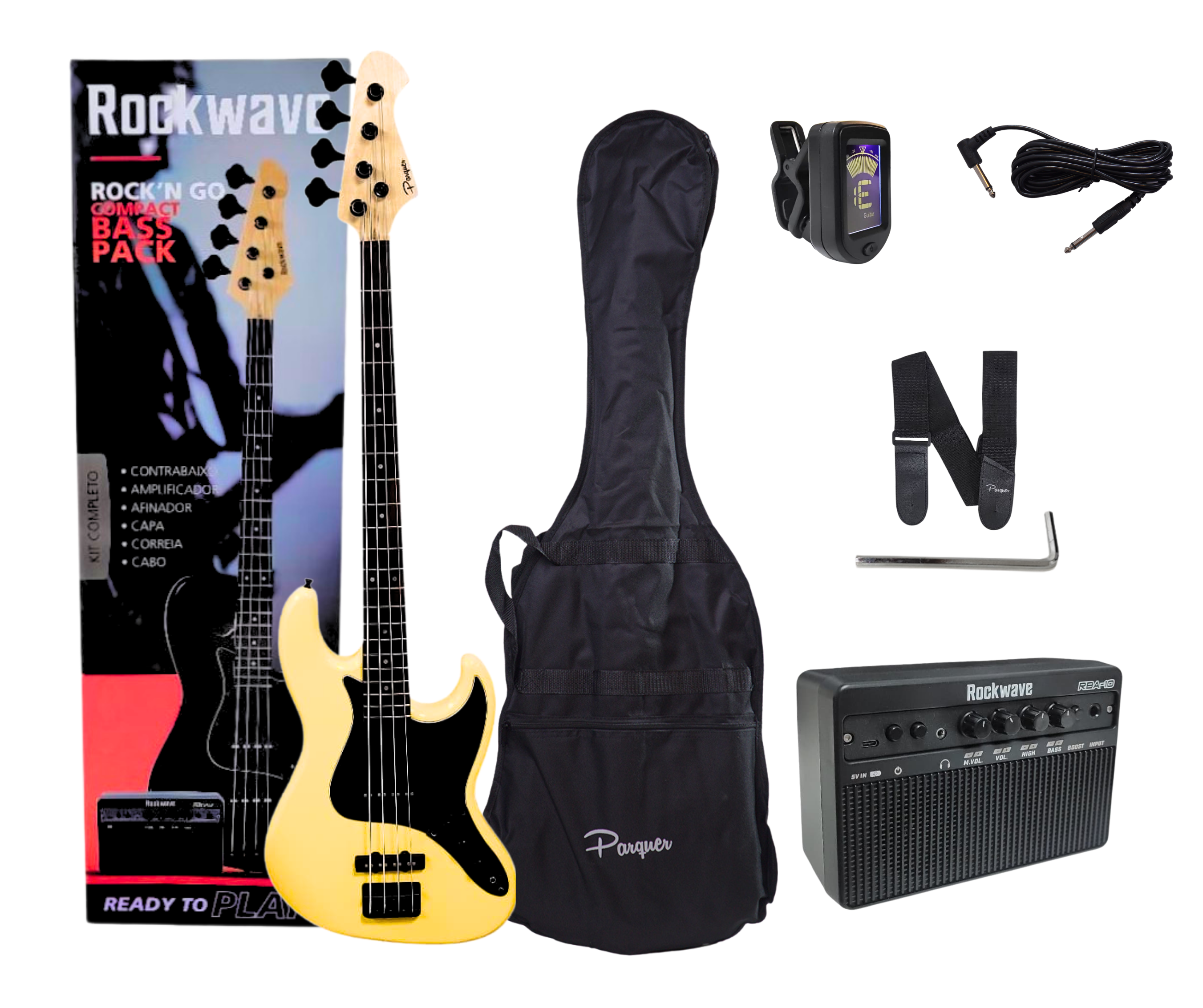 Combo Bajo Electrico Con Amplificador 10w Bluetooth Y Accesorios Amarillo