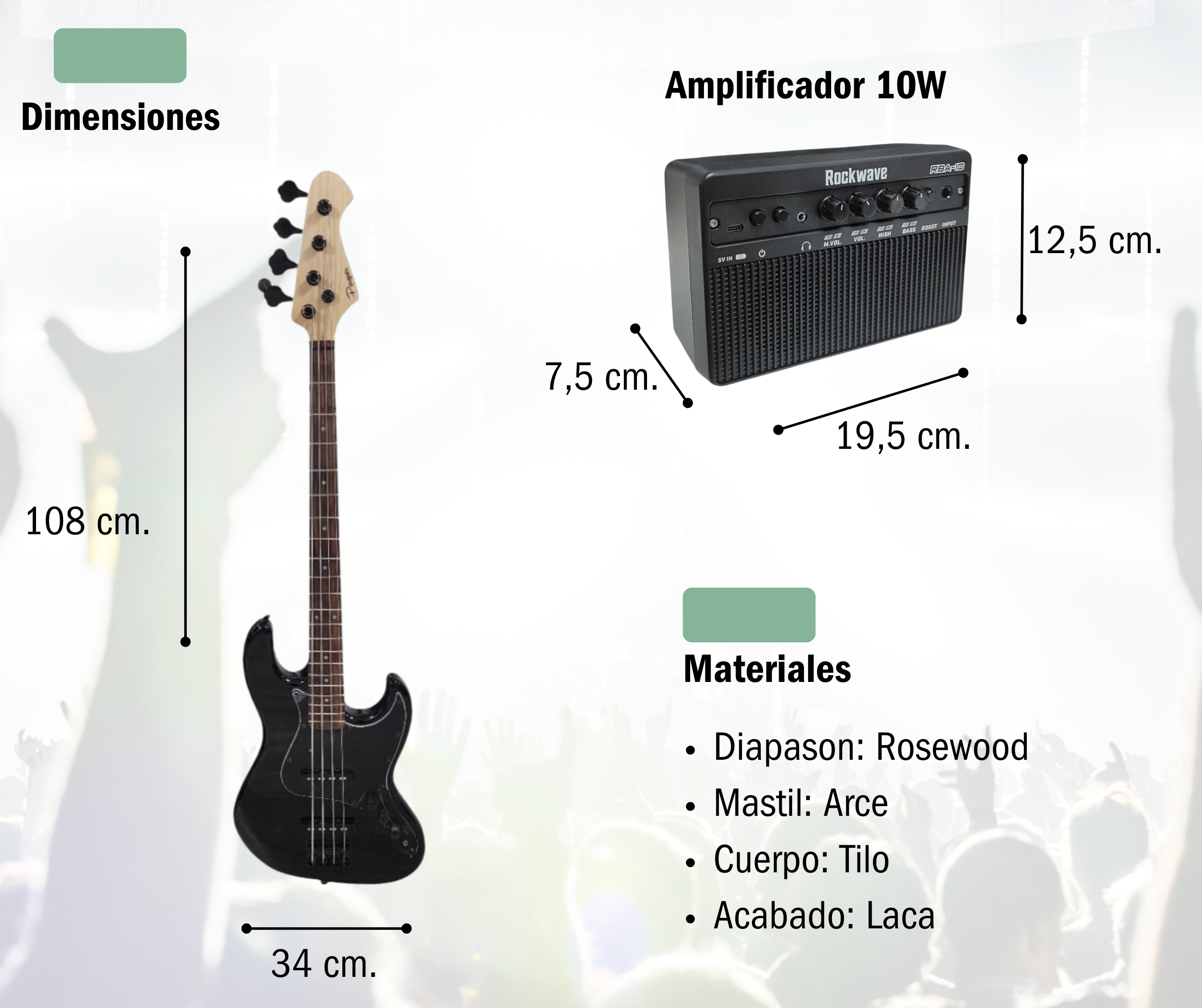Combo Bajo Electrico Con Amplificador 10w Bluetooth Y Accesorios Color Negro - Imagen 2
