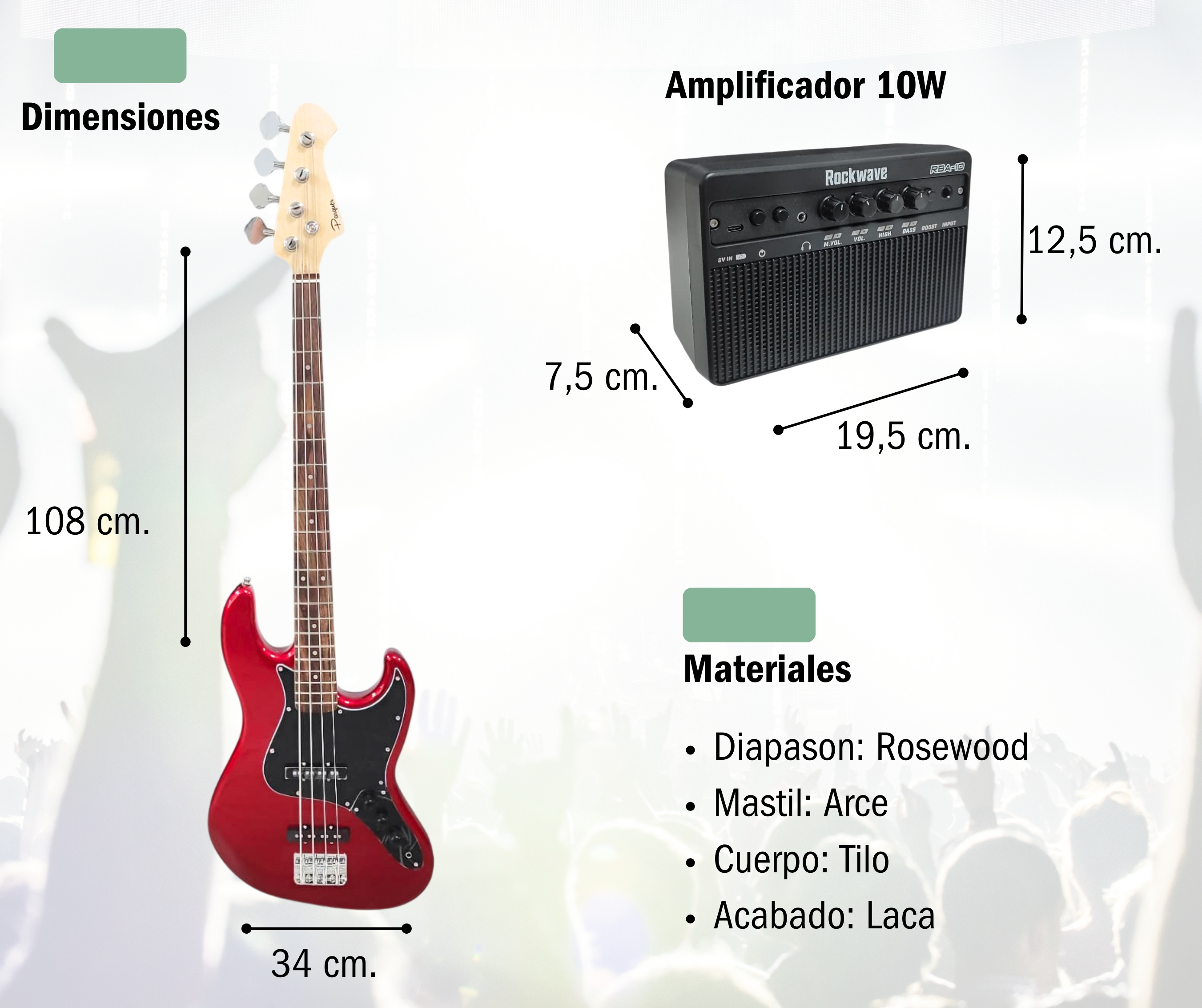 Combo Bajo Electrico Con Amplificador 10w Bluetooth Y Accesorios Color Rojo - Imagen 2