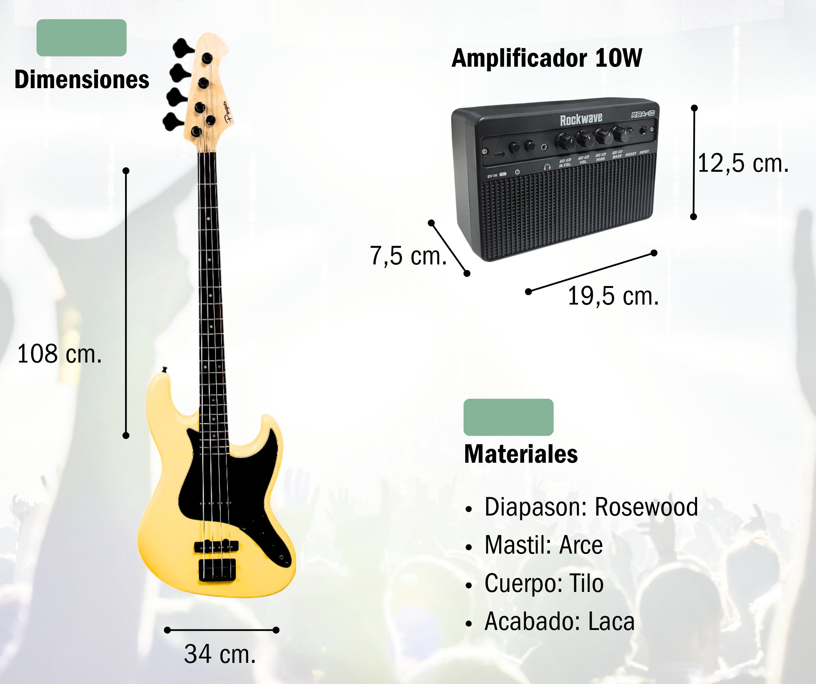 Combo Bajo Electrico Con Amplificador 10w Bluetooth Y Accesorios Amarillo - Imagen 2