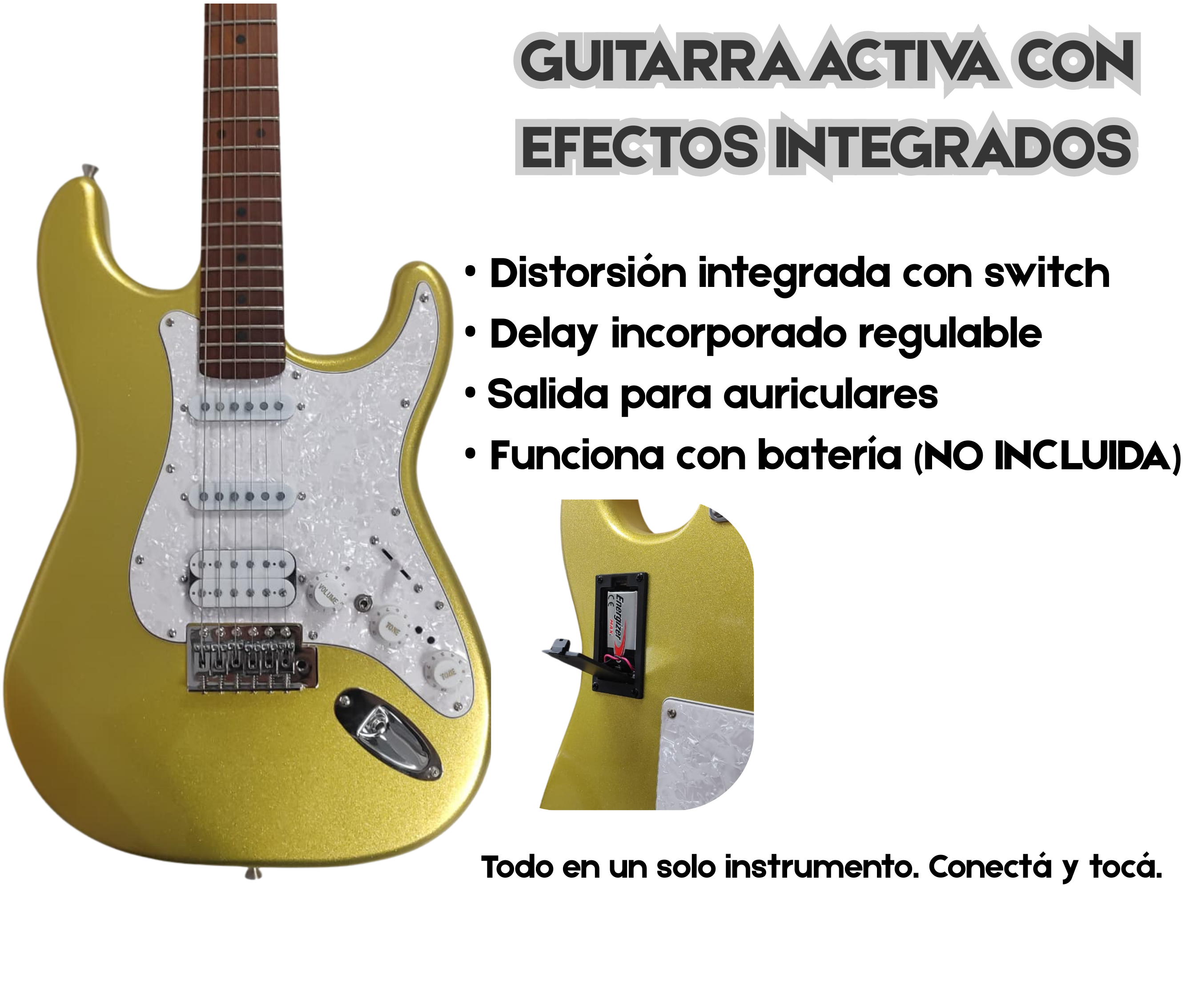 Guitarra Electrica Parquer Stratocaster Dorada Activo Con Fx Incluidos + Accesorios - Imagen 5