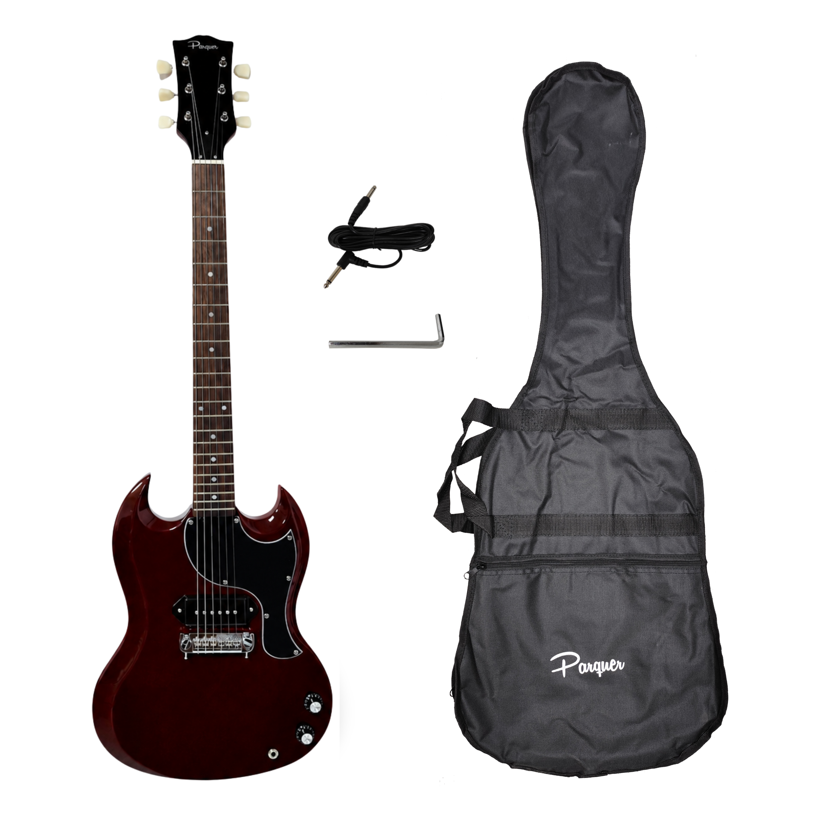 Guitarra Electrica Parquer Bordó Sg Doble Cutaway Con Funda y Cable