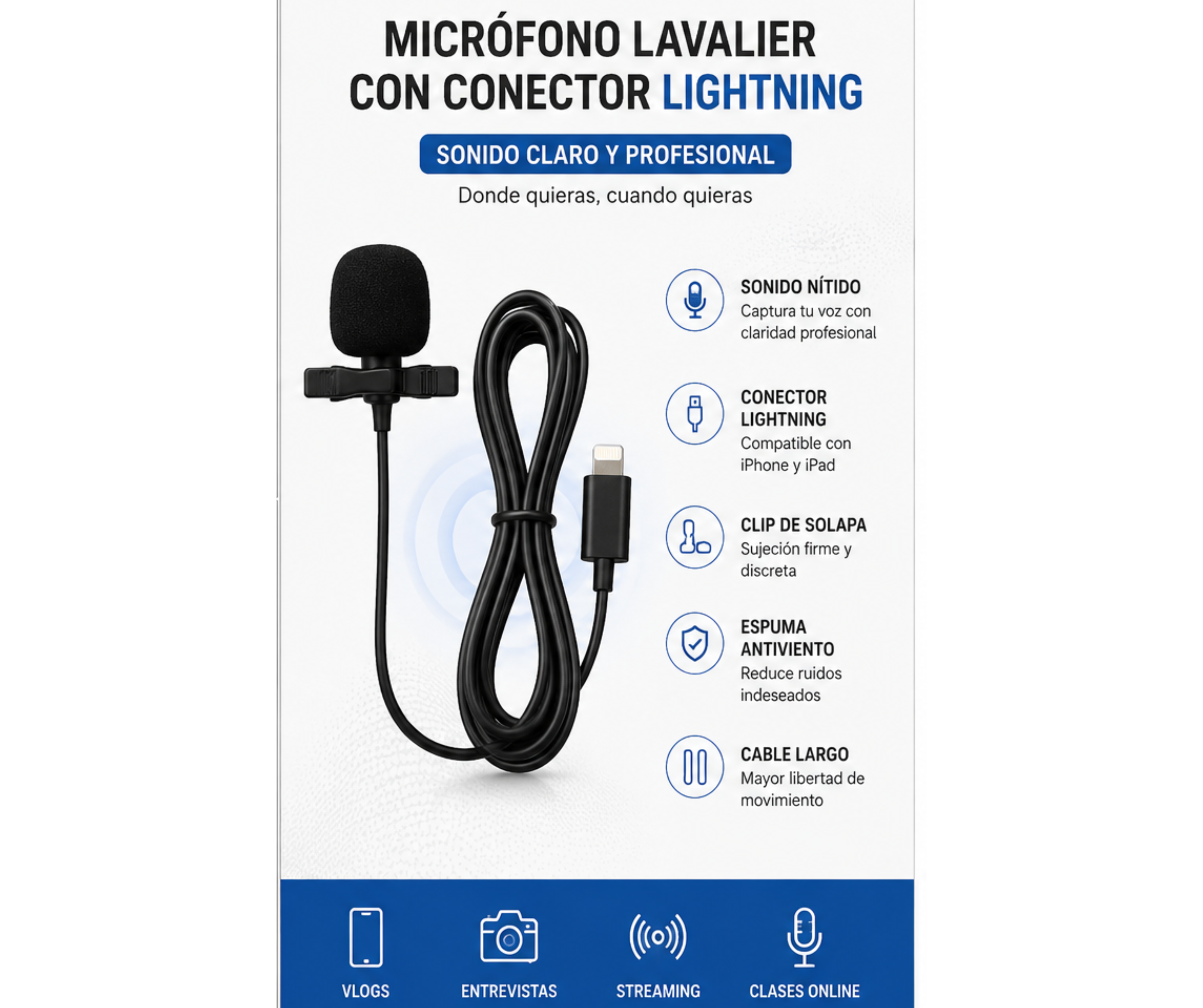 Micrófono Corbatero Hugel Para iPhone Lightning Con Clip - Imagen 2