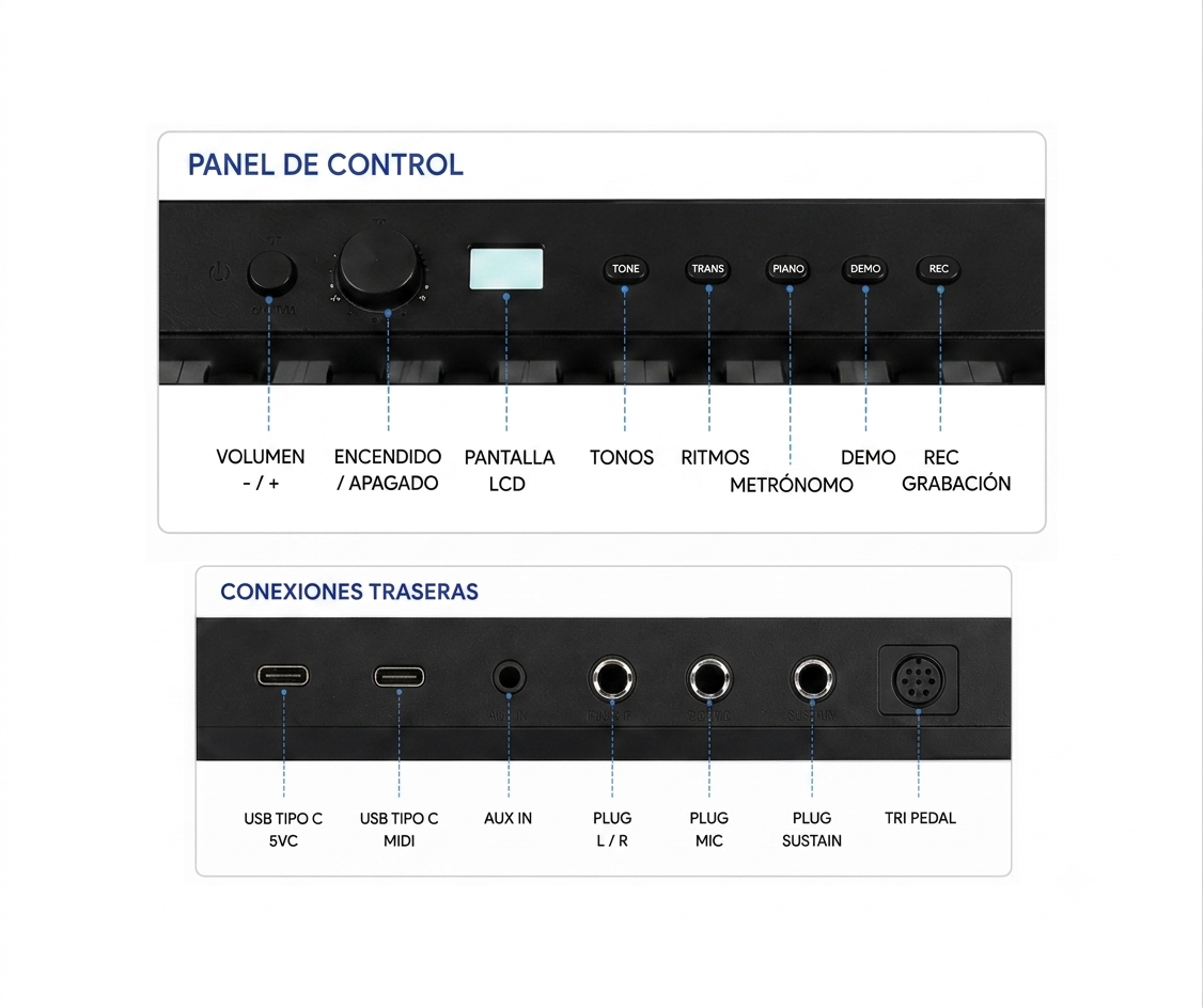 Piano Digital 88 Teclas Parquer Sensitivo Plegable Pedal - Imagen 5