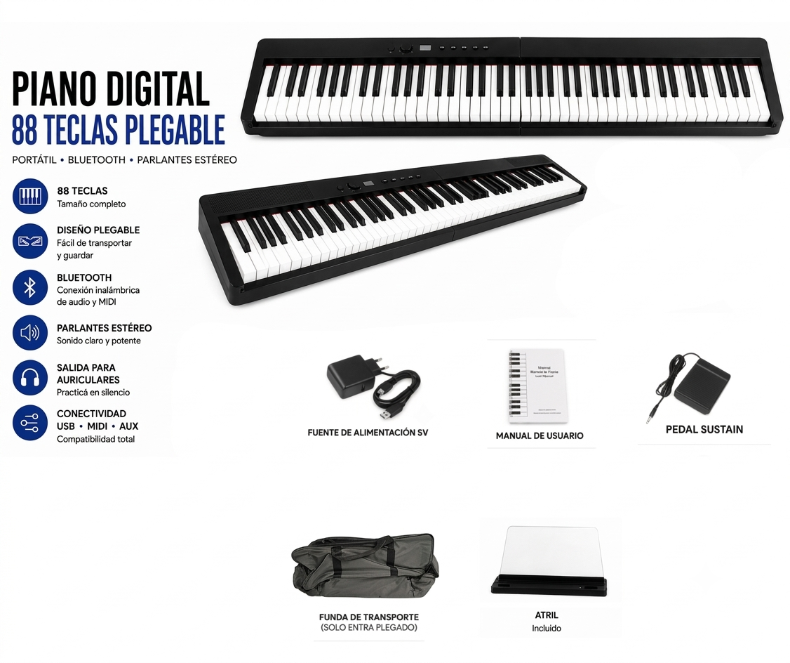 Piano Digital 88 Teclas Parquer Sensitivo Plegable Pedal - Imagen 3