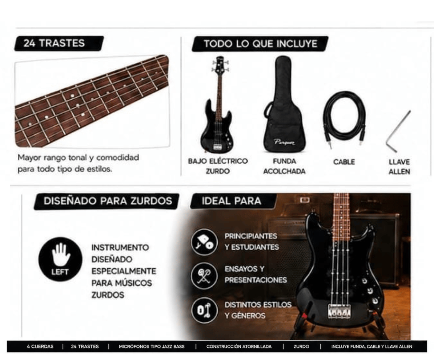 Bajo Eléctrico Parquer Jazz Bass Zurdo - Imagen 2
