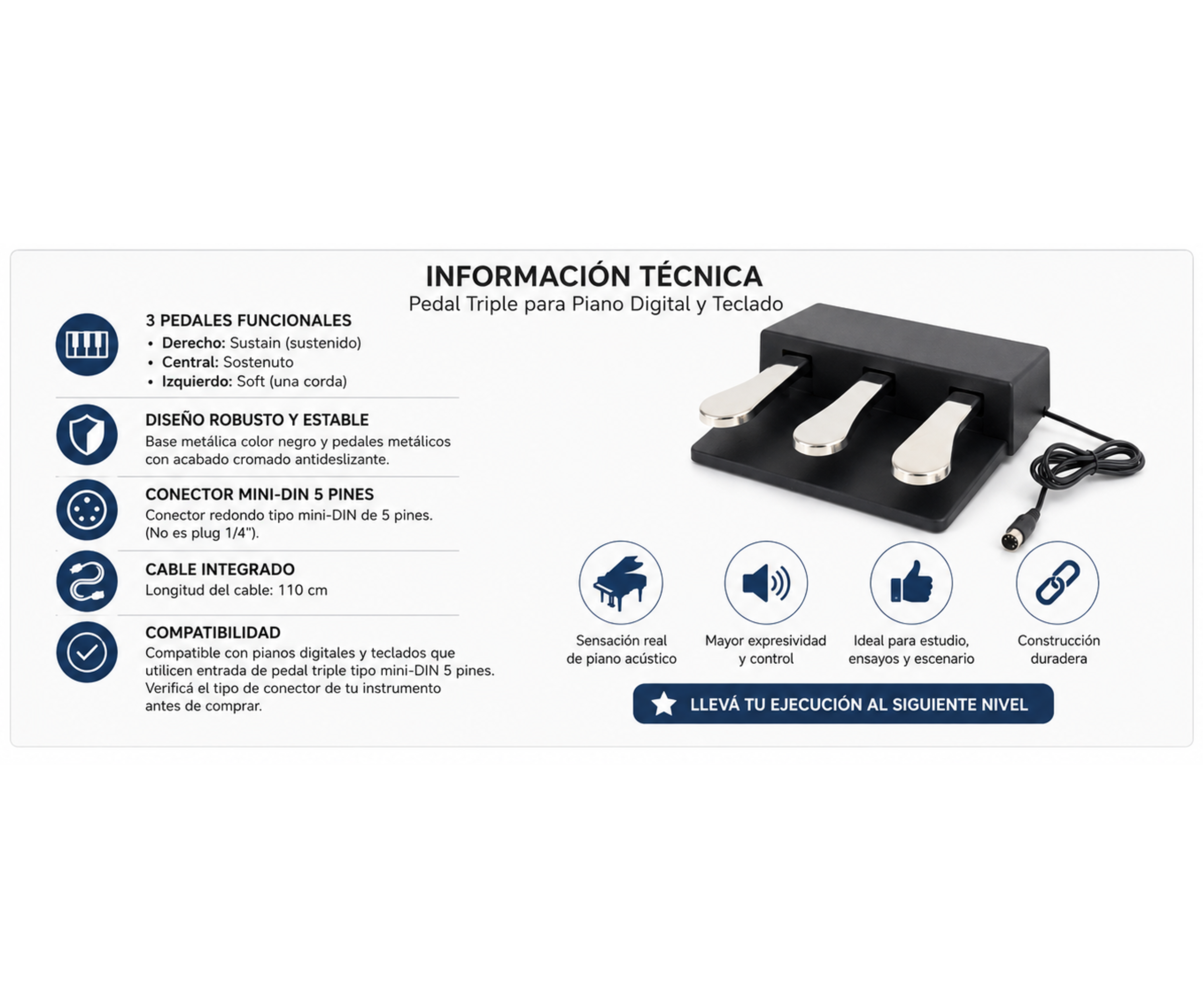 Pedal Triple Sustain Soft Sostenuto Piano Teclado Parquer - Imagen 2