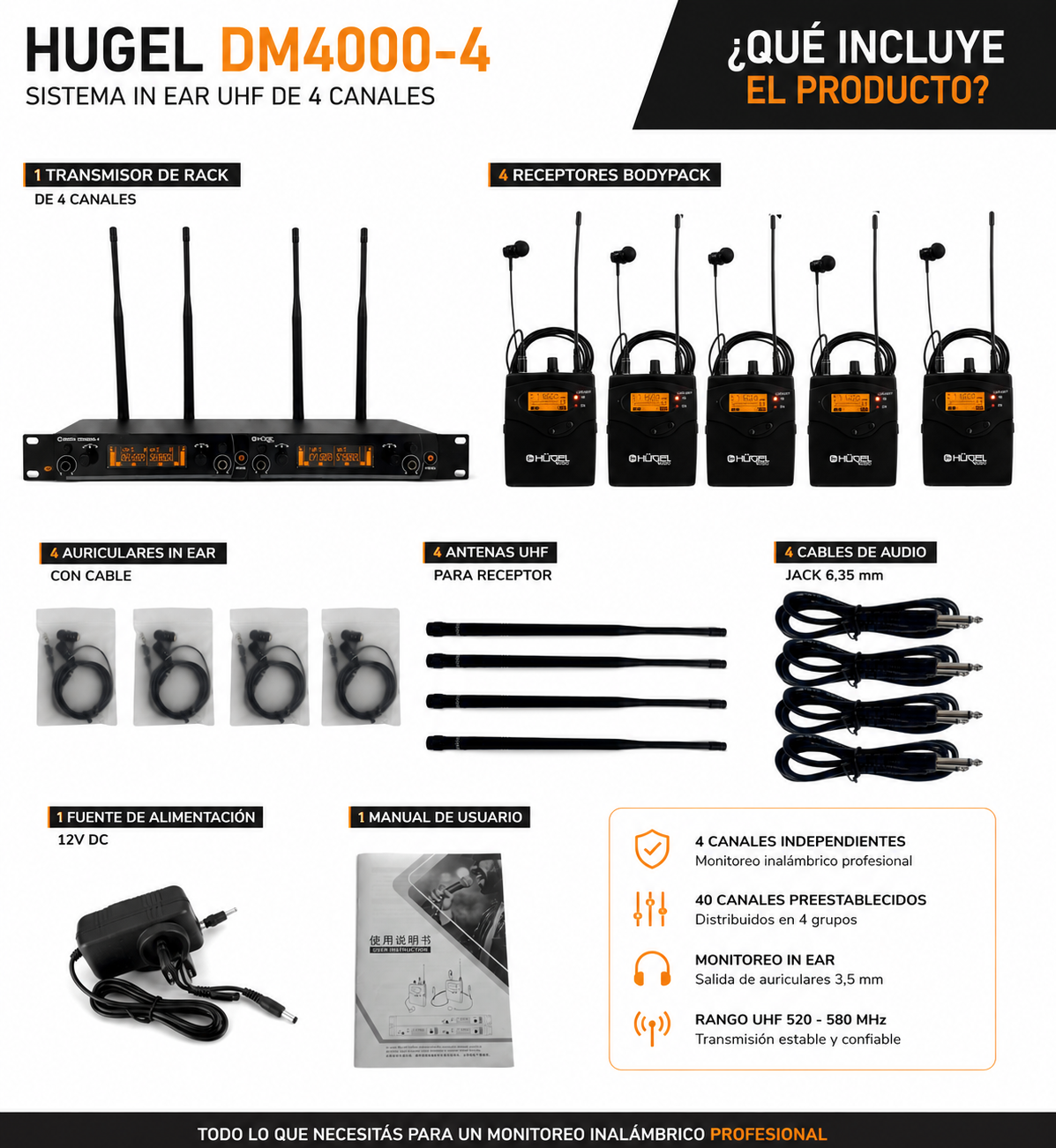 Sistema De Monitoreo In Ear Cuatro Canales Hugel - Imagen 4