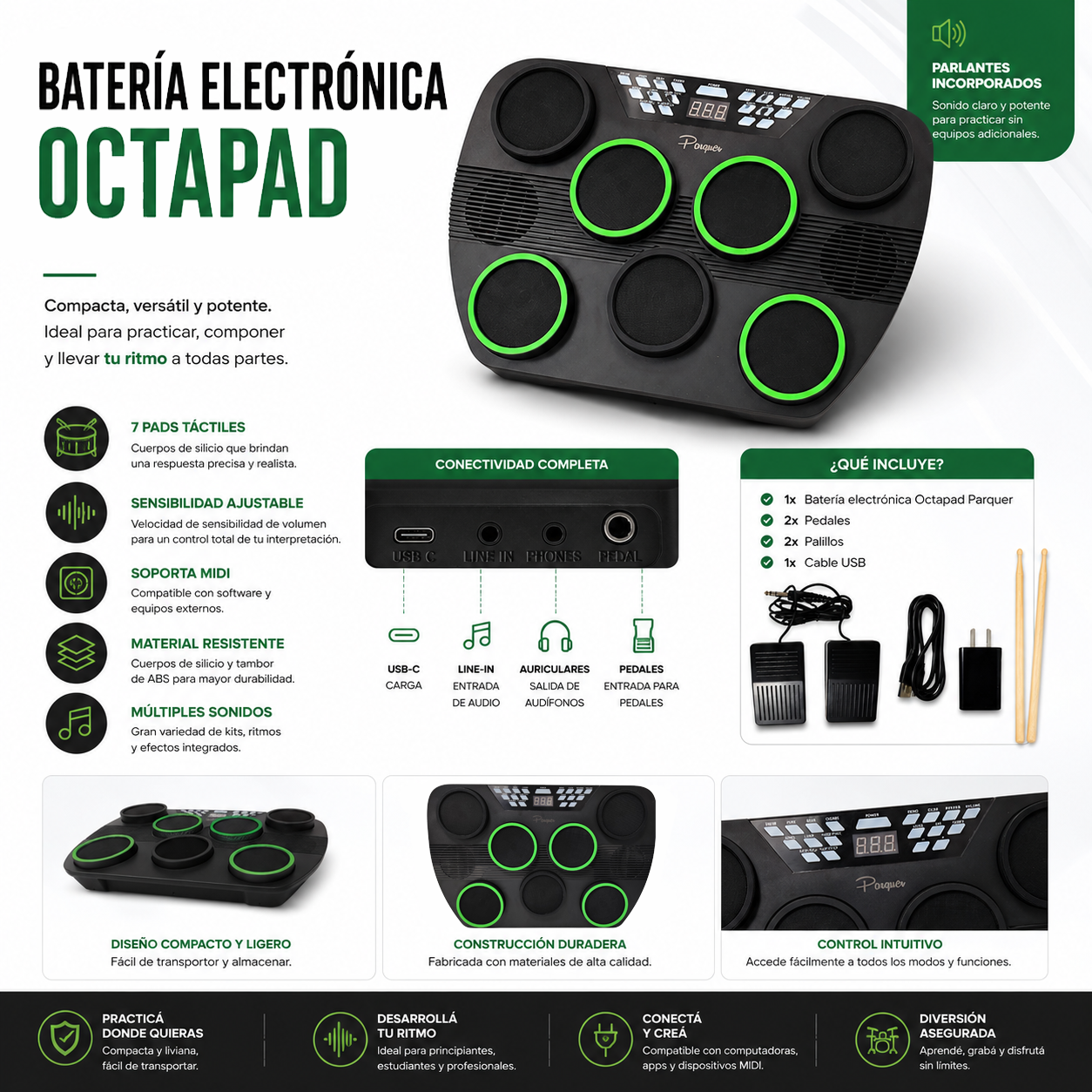 Bateria Electronica Octapad Sensitivo Con Midi Y Usb Parquer - Imagen 2