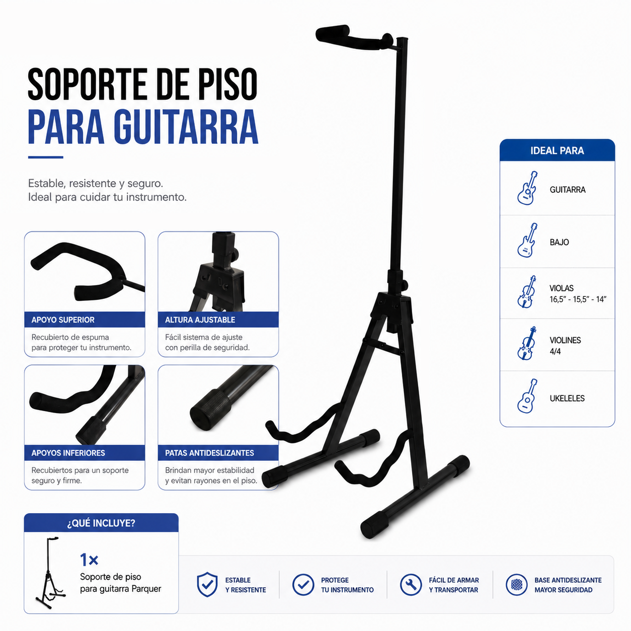 Soporte Pie Ajustable Para Guitarra Bajo Parquer Negro - Imagen 4