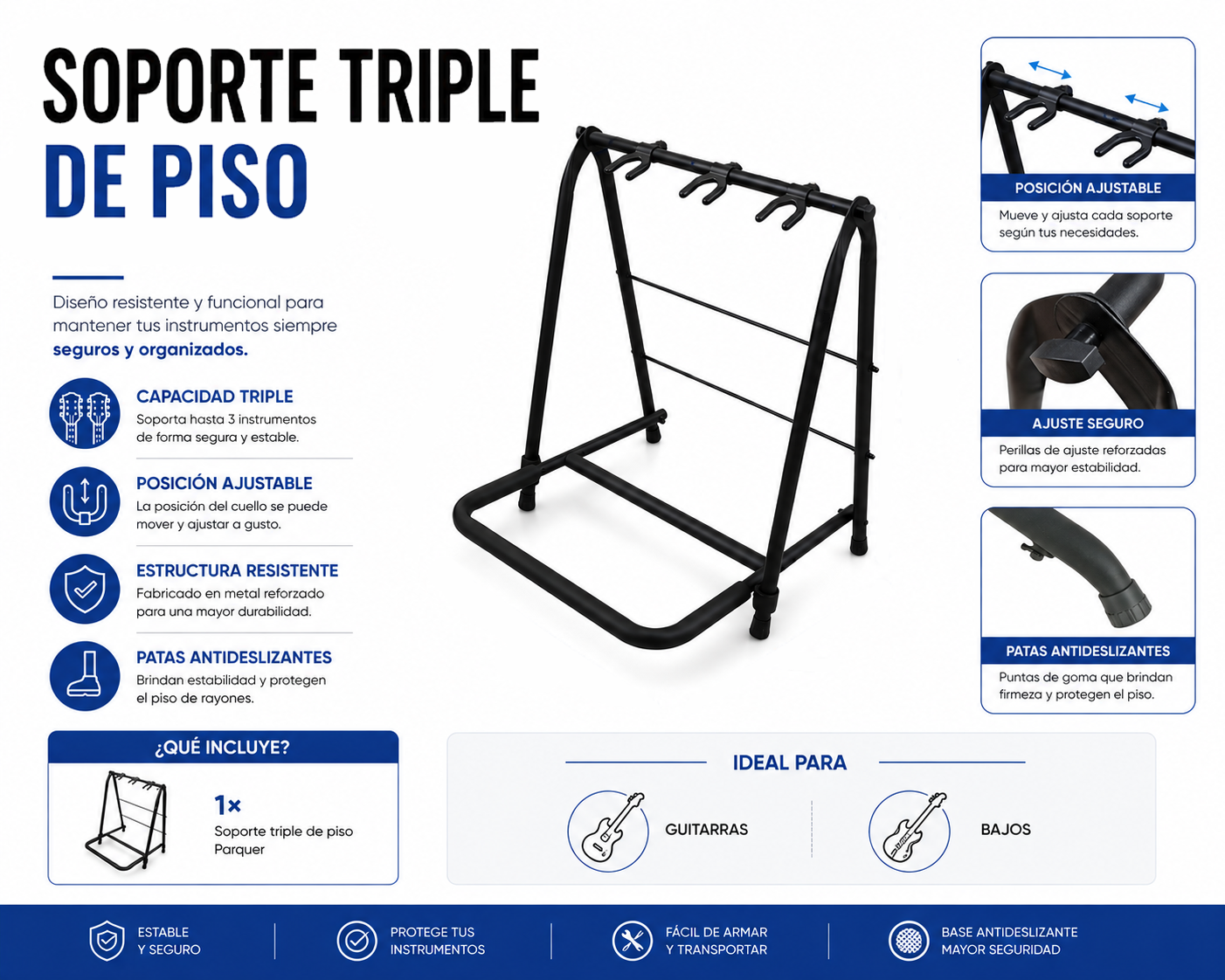 Soporte Pie Triple Guitarra Bajo Ajustable Parquer - Imagen 2