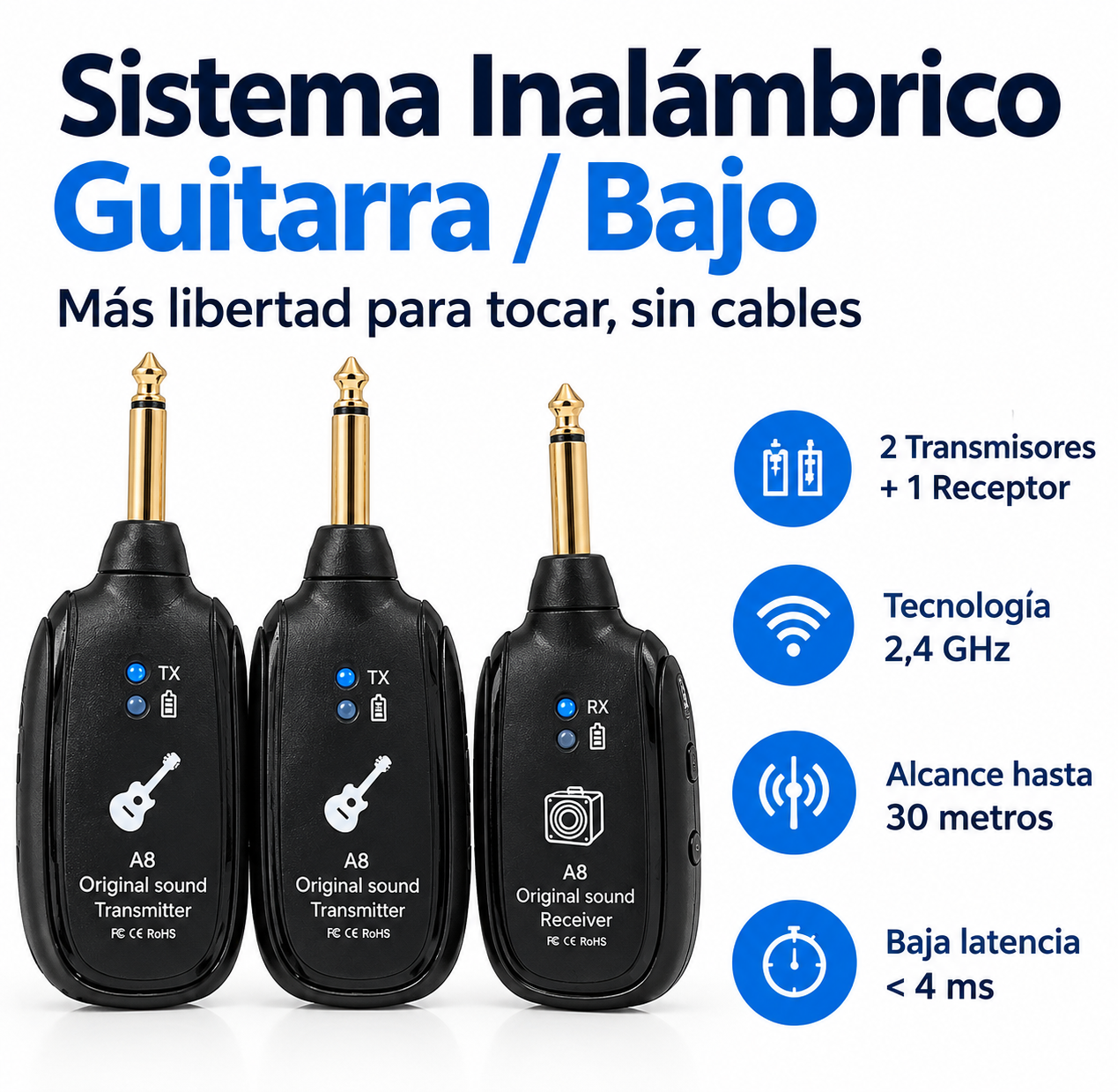 Sistema Inalámbrico Dual Transmisor Receptor Guitarra Y Bajo - Imagen 2
