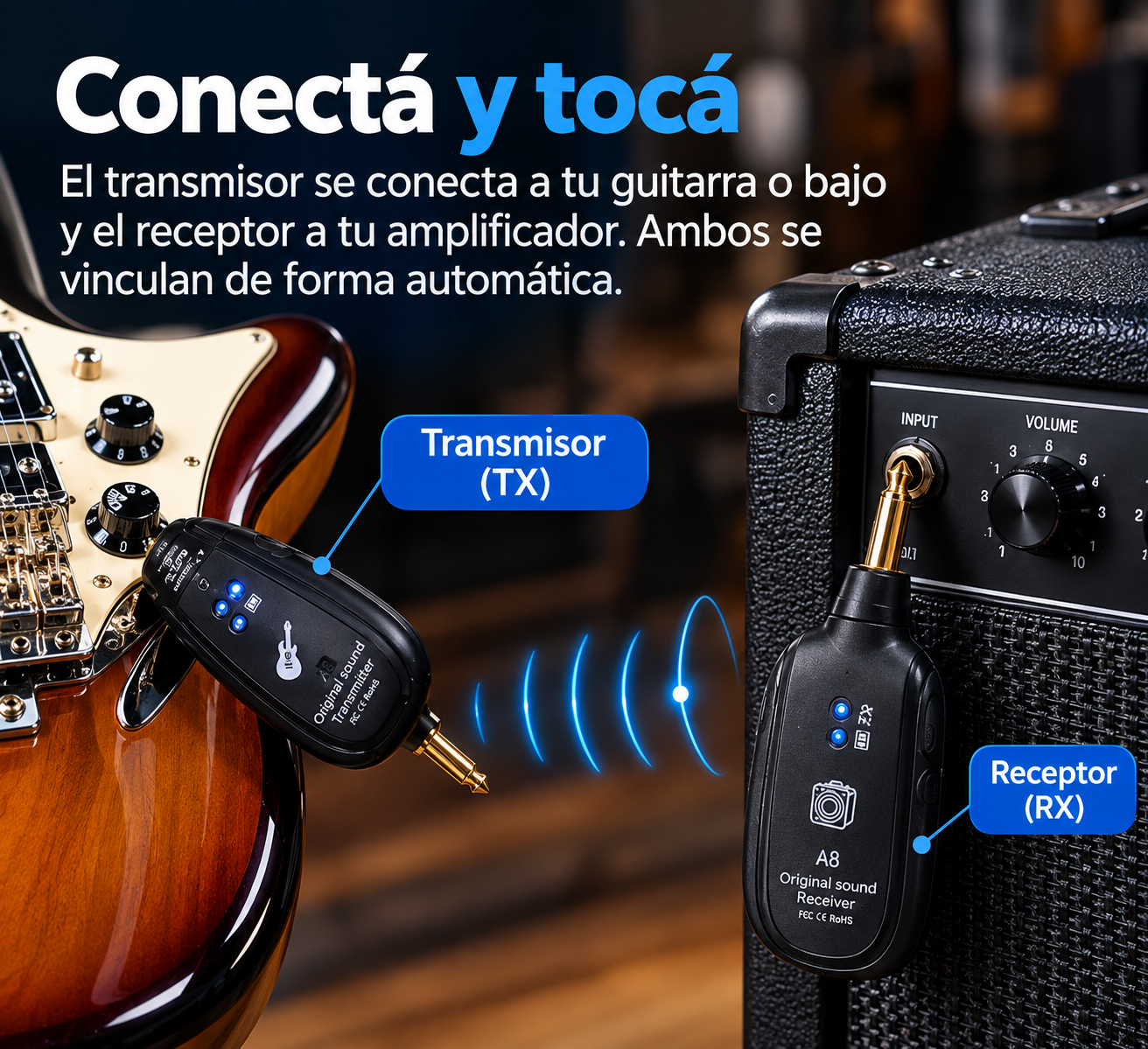 Sistema Inalámbrico Dual Transmisor Receptor Guitarra Y Bajo - Imagen 8