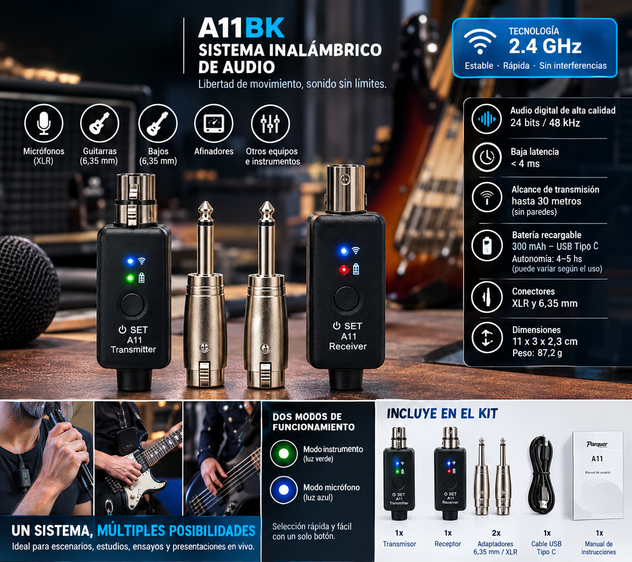 Kit Para Micrófono Inalámbrico O Guitarra Parquer Xlr 6,35mm - Imagen 2