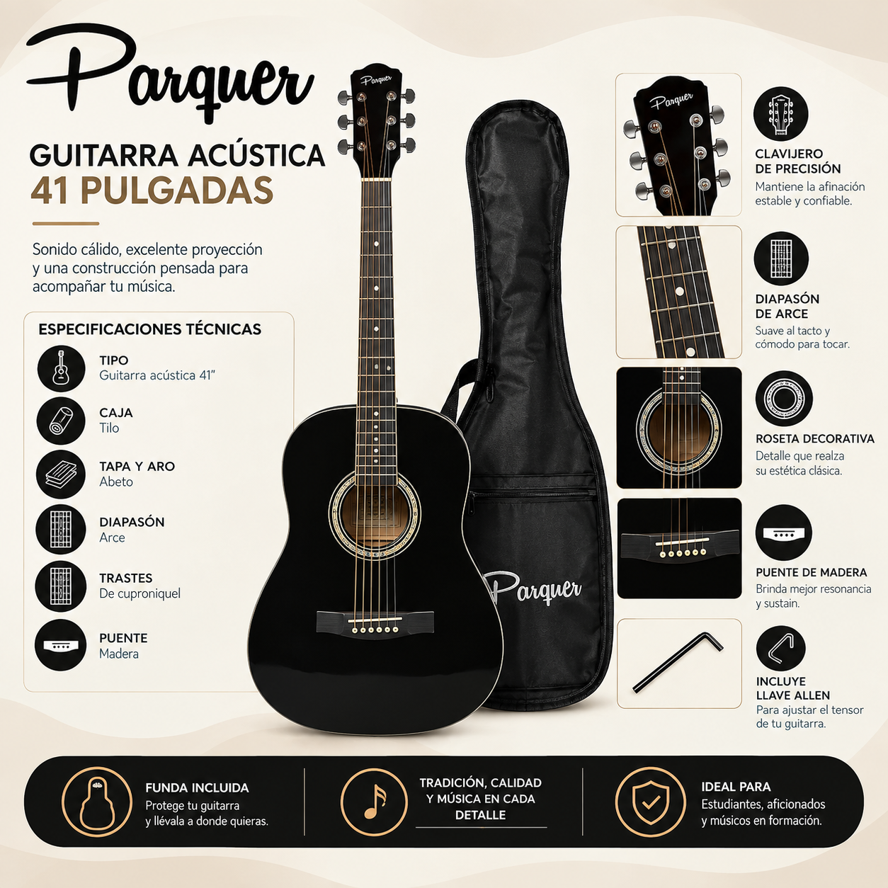 Guitarra Acustica 41 Pulgadas Negro Parquer Diestro Con Funda - Imagen 6