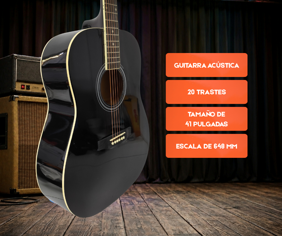 Guitarra Acustica 41 Pulgadas Negro Parquer Diestro Con Funda - Imagen 2