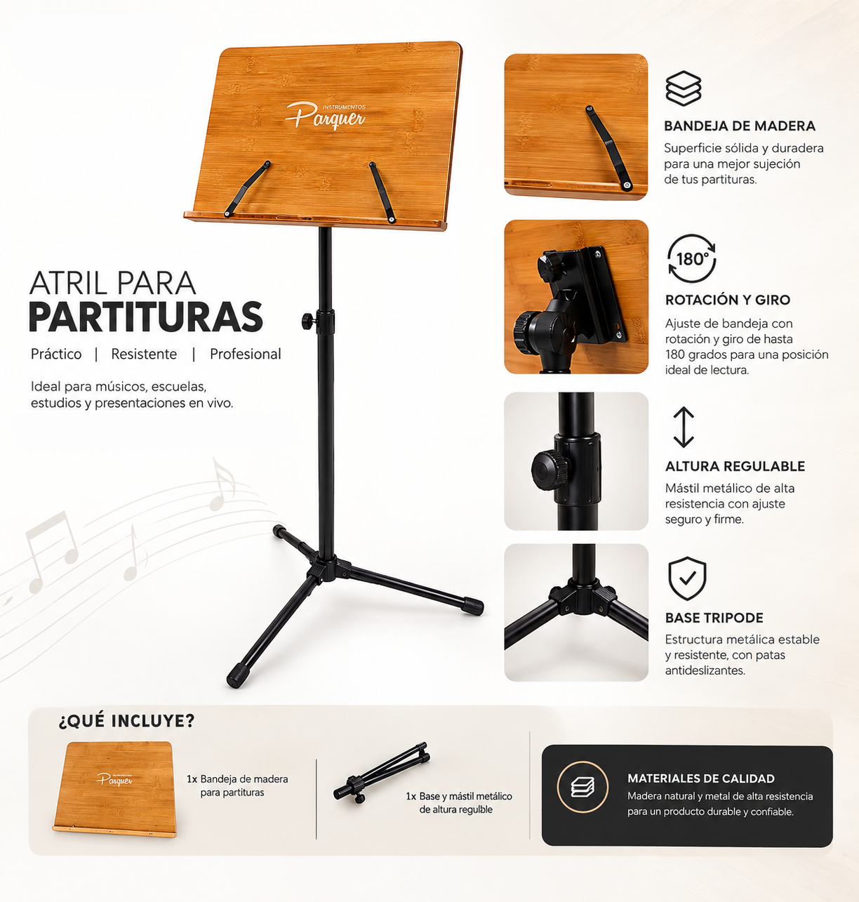 Atril Regulable Para Partituras Orquesta De Madera Parquer - Imagen 2